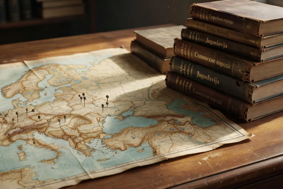 Carte linguistique de l'Europe slave avec dictionnaires anciens et carnet de notes ouvert sur une table en bois