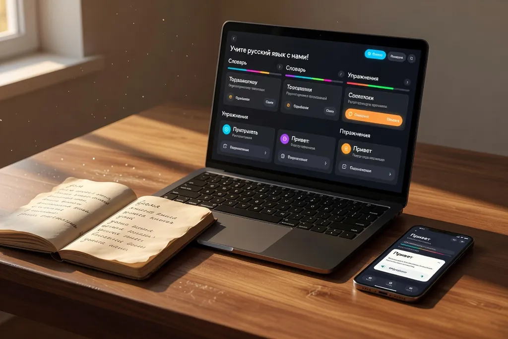 Smartphone affichant une application d'apprentissage du russe posé sur un carnet ouvert avec alphabet cyrillique manuscrit