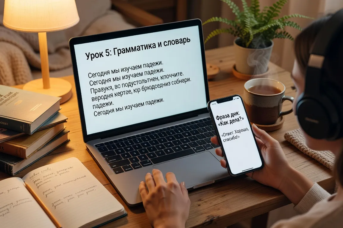 Personne avec casque qui étudie le russe sur ordinateur portable et téléphone en environnement cosy