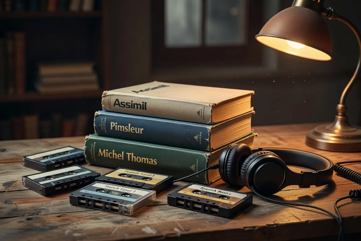 Pile de manuels Assimil, coffret Pimsleur et carnet d'apprentissage des langues sur un bureau en bois