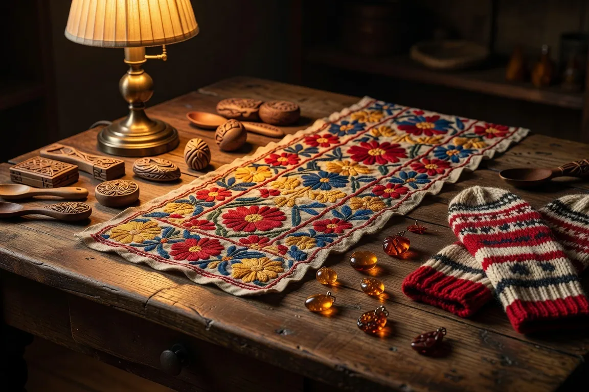 Carte linguistique de la Baltique et de l'Europe centrale avec dictionnaires anciens en lituanien, letton, hongrois et estonien posés sur une table en bois clair