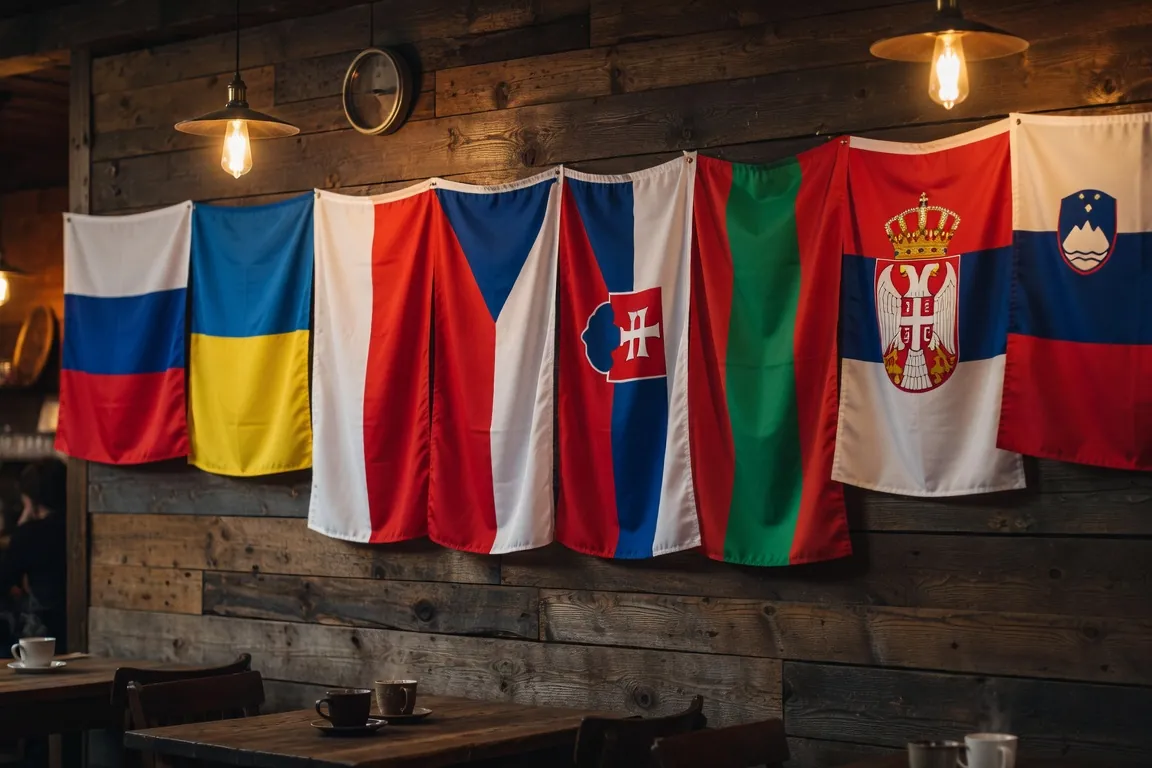 Carte stylisée de l'Europe slave avec drapeaux, dictionnaires anciens et carnet ouvert sur une table en bois