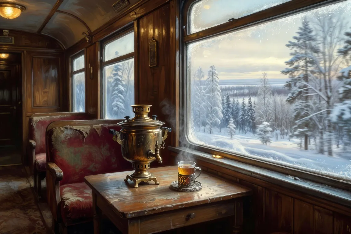 Wagon platzkart du Transsibérien à l'aube, fenêtre ouverte sur les forêts de bouleaux de Sibérie centrale